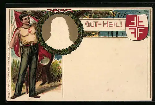 Präge-AK Gut Heil!, Sportler mit Turnvater Jahn Portrait, Turnerwappen