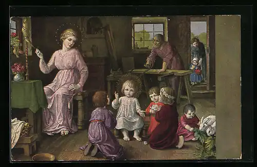 Künstler-AK Hans Huber-Sulzemoos: Holy Family, Heilige Familie in ihrer Stube