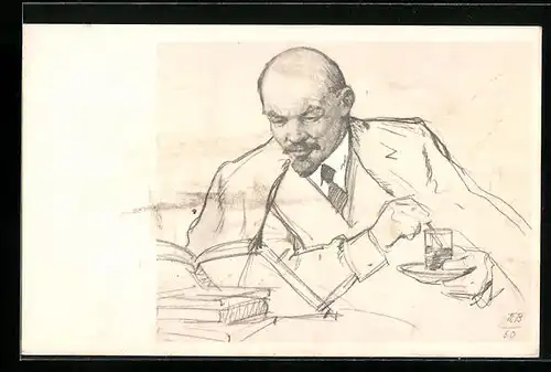 Künstler-AK Lenin bei Tee am Tisch sitzend