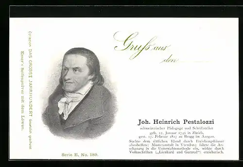 AK Schweizer Pädagoge und Schriftsteller Joh. Heinrich Pestalozzi im Portrait