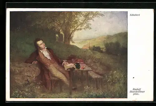 Künstler-AK Kompinist Schubert am Tisch im Freien sitzend