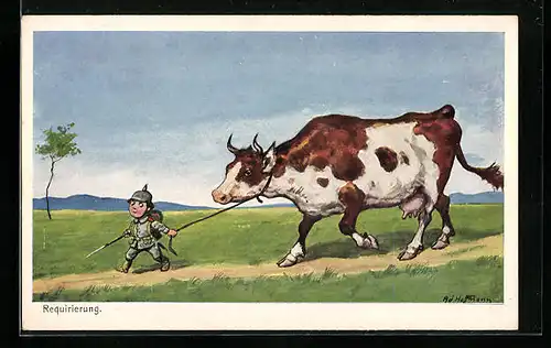 Künstler-AK Ad. Hoffmann: Requirierung, Kleiner Soldat mit einer Kuh