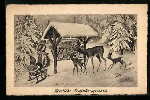 Künstler-AK Friedrich Kaskeline: Frau mit Schlitten bei den Rehen im Winter, Neujahrsgruss