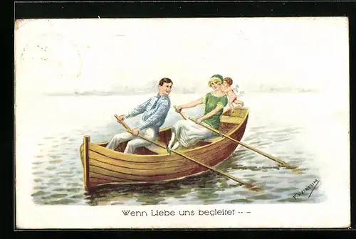 Künstler-AK Friedrich Kaskeline: Amor bei Paar auf einem Boot