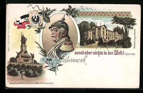 Lithographie Friedrichsruh, Schloss, Denkmal, Portrait Otto von Bismarck