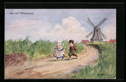 Künstler-AK Ad. Hoffmann: Jan und Wilhelmintje, Im Hintergrund Windmühle