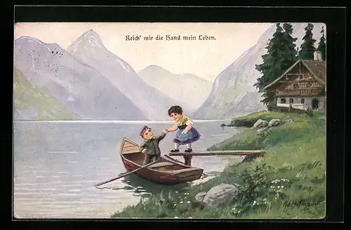 Künstler-AK Ad. Hoffmann: Soldat hilft Frau ins Boot