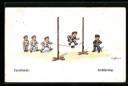 Künstler-AK Ad. Hoffmann: Turnstunde, Soldaten beim Hochsprung