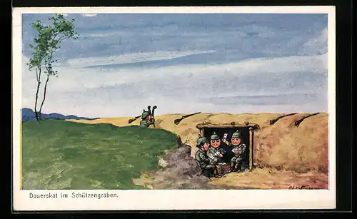 Künstler-AK Ad. Hoffmann: Soldaten beim Dauerskat im Schützengraben