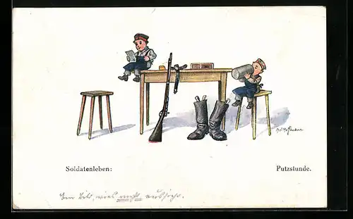 Künstler-AK Ad. Hoffmann: Kleine Soldaten in der Putzstunde