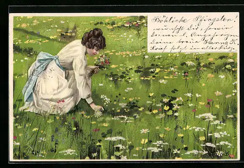 Künstler-AK Alfred Mailick: schönes Fräulein pflückt Frühlingsblüher von einer Blumenwiese