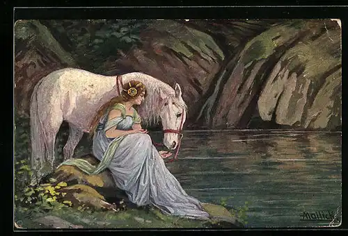 Künstler-AK Alfred Mailick: Die Waldfee, schöne Amazone mit Schimmel an einem Flussufer