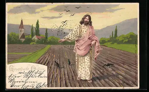 Künstler-AK Alfred Mailick: Jesus säet auf einem Feld aus, Gesegnete Ostern
