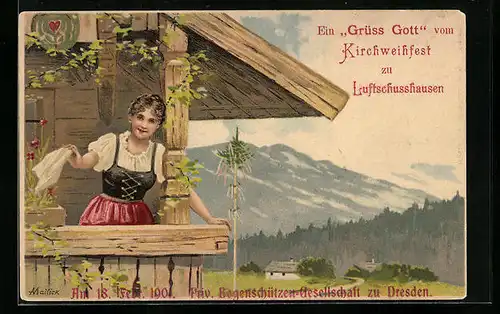 Künstler-AK Alfred Mailick: schönes Fräulein im Trachtenkleid auf einem Balkon