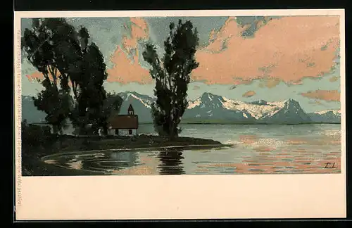 Künstler-AK Ernst Liebermann: Kirchlein umgeben von Bäumen an einem Ufer