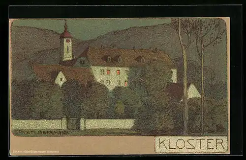 Künstler-AK Ernst Liebermann: Blick auf ein Kloster bei Nacht