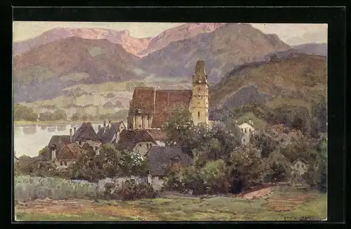 Künstler-AK Fritz Lach: Spitz a. D., Ansicht einer Ortschaft am Seeufer