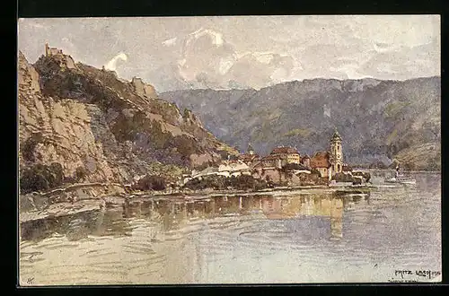 Künstler-AK Fritz Lach: Dürnstein a. D., Gesamtansicht der Ortschaft