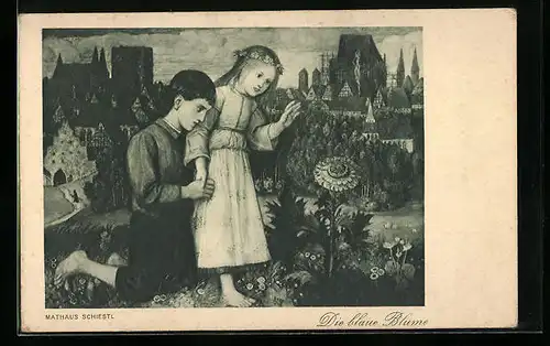 Künstler-AK Matthäus Schiestl: Die blaue Blume, Kinderpaar am Stadtrand