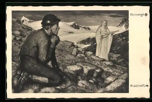 Künstler-AK Matthäus Schiestl: Alpensage, Alphornbläser beobachtet eine Fee mit Laute in der Hand