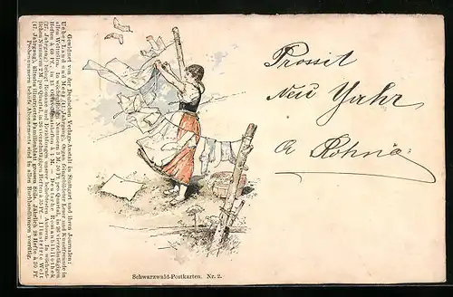 Künstler-AK Heinz Schiestl: Magd hängt bei starkem Wind Wäsche auf die Leine