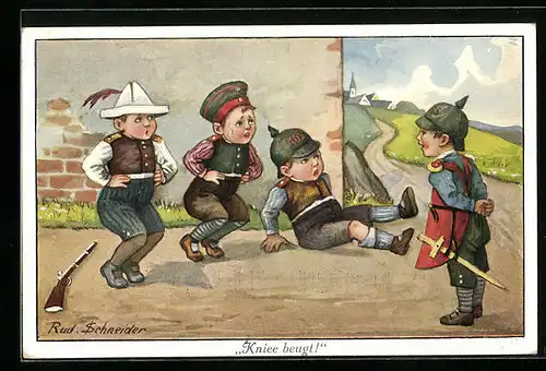 Künstler-AK Rudolf Schneider: Kniee beugt!, Kinder in Uniformen