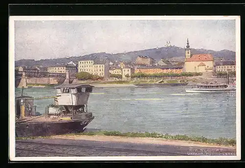 Künstler-AK Rudolf Schmidt: Urfahr, Pöstlingberg vom Flussufer aus gesehen