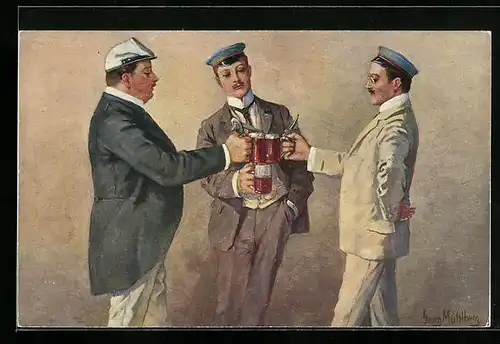 Künstler-AK Georg Mühlberg: Bierduell, Heidelberger Studenten prosten sich mit Bierkrügen zu