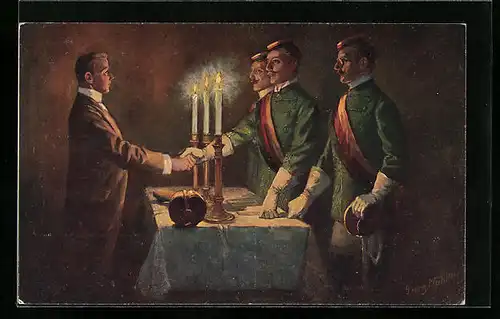 Künstler-AK Georg Mühlberg: Rezeption im Korps, Heidelberger Studenten bei Kerzenlicht