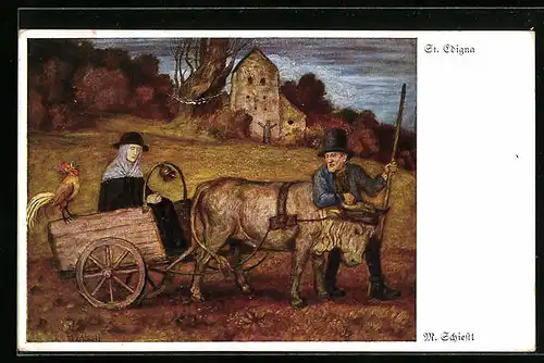 Künstler-AK Matthäus Schiestl: St. Edigna, Bauernpaar mit Rindergespann