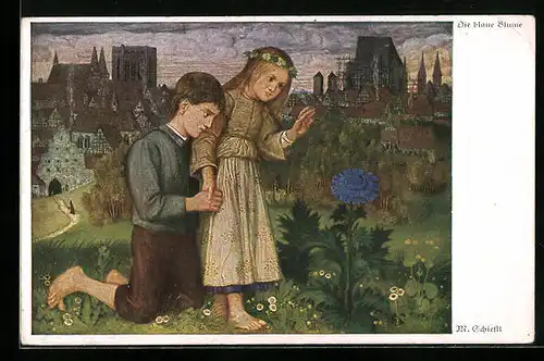 Künstler-AK Matthäus Schiestl: Die blaue Blume, Kinderpaar am Ortsrand