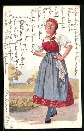 Künstler-AK Adolf Karpellus: Schöne Niederösterreicherin in eleganter Landestracht