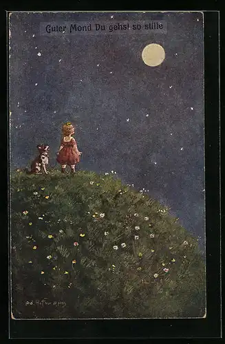 Künstler-AK Ad. Hoffmann: Guter Mond Du gehst so stille, Mädchen mit Hund auf einer Bergwiese den Mond anschauend