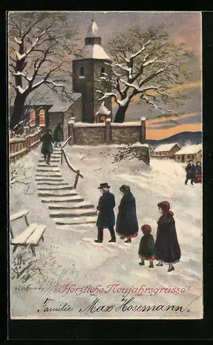 Künstler-AK Ad. Hoffmann: Kirchgang am Neujahrstag in einer schneebedeckten Ortschaft