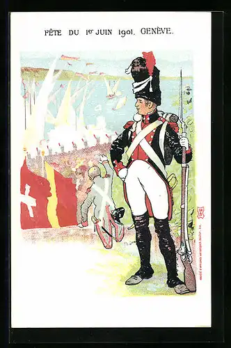 Lithographie Genève, Fete du 1er Juin 1901, Soldaten stehen vor einer Menschenmenge