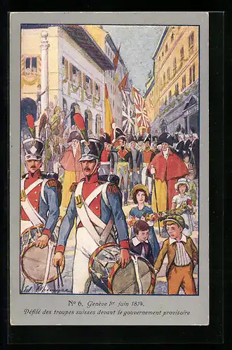 Künstler-AK Genève, Centenaire de la Réunion 1814-1914, Défilé des troupes suisses devant le gouvernement provisoire