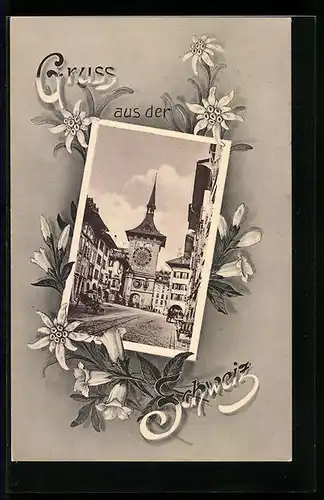 Passepartout-AK Bern, Zeitglockenturm, gerahmt mit Edelweiss