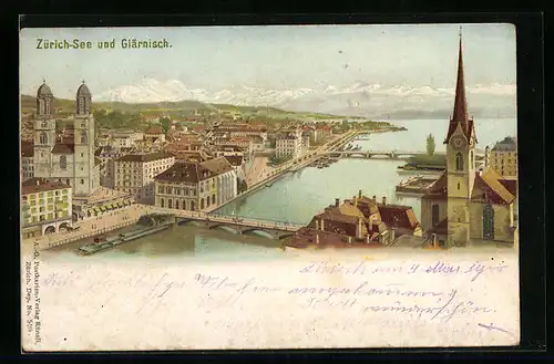Lithographie Zürich, Gesamtansicht mit Zürich-See und Glärnisch