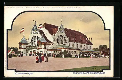 Künstler-AK Düsseldorf, Ausstellung 1902, Festhalle & Haupt-Bierrestaurant