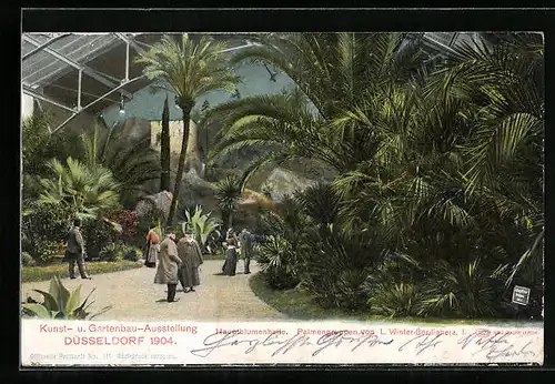 AK Düsseldorf, Kunst- und Gartenbau-Ausstellung 1904, Hauptblumenhalle mit Palmengruppen