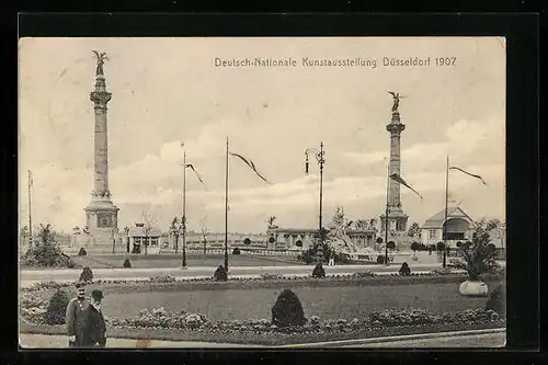 AK Düsseldorf, Deutsch-Nationale Kunstausstellung 1907, Ausstellungsgelände mit Denkmälern