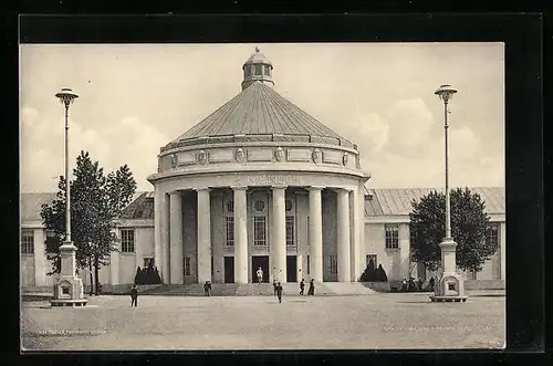 AK Dresden, Internationale Hygiene-Ausstellung 1911, Festplatz mit populärer Halle: Der Mensch