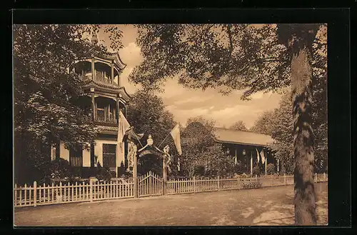 AK Dresden, Internationale Hygiene-Ausstellung 1911, Chinesischer Staatspavillon mit Pagode