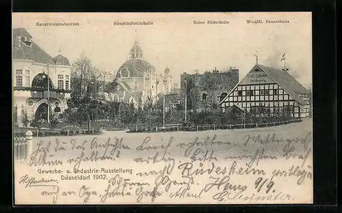 AK Düsseldorf, Gewerbe- u. Industrie-Ausstellung 1902, Hauptweinrestaurant, Hauptindustriehalle und Ruine Rüdesheim
