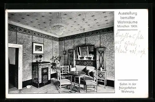 AK München, Ausstellung bemalter Wohnräume 1909, Salon in der bürgerlichen Wohnung, Innenansicht