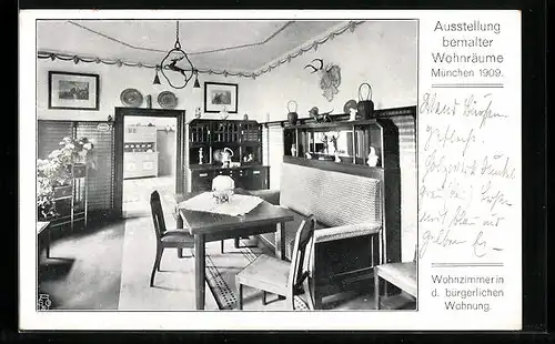 AK München, Ausstellung bemalter Wohnräume 1909, Wohnzimmer in der bürgerlichen Wohnung, Innenansicht