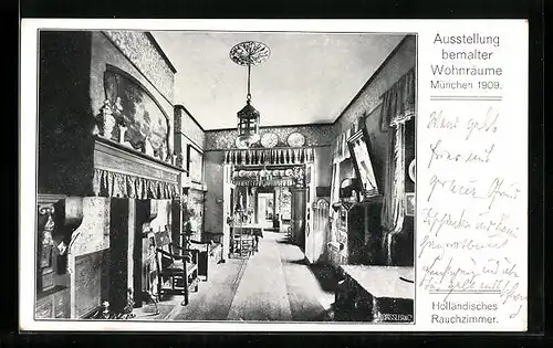 AK München, Ausstellung bemalter Wohnräume 1909, Holländisches Rauchzimmer