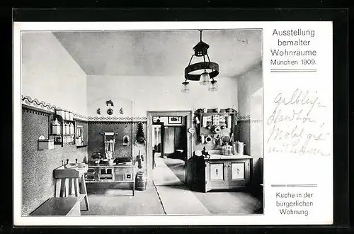 AK München, Ausstellung bemalter Wohnräume 1909, Küche in der bürgerlichen Wohnung
