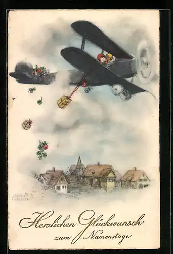 Künstler-AK Hannes Petersen: Flugzeug in der Luft, Glückwunsch zum Namenstag