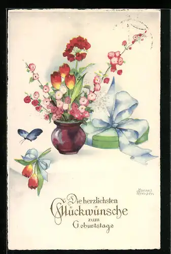 Künstler-AK Hannes Petersen: Blumenvase neben einer Schachtel, Schmetterling, Geburtstagsgruss